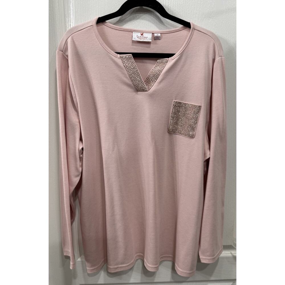 Quacker Factory Women's 2X Pink Rose Gold Embellished Split Neck Bling Glam Top